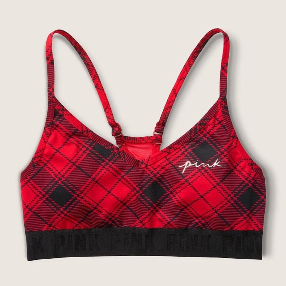 Pink Women's Red and Black Plaid Sports Bra